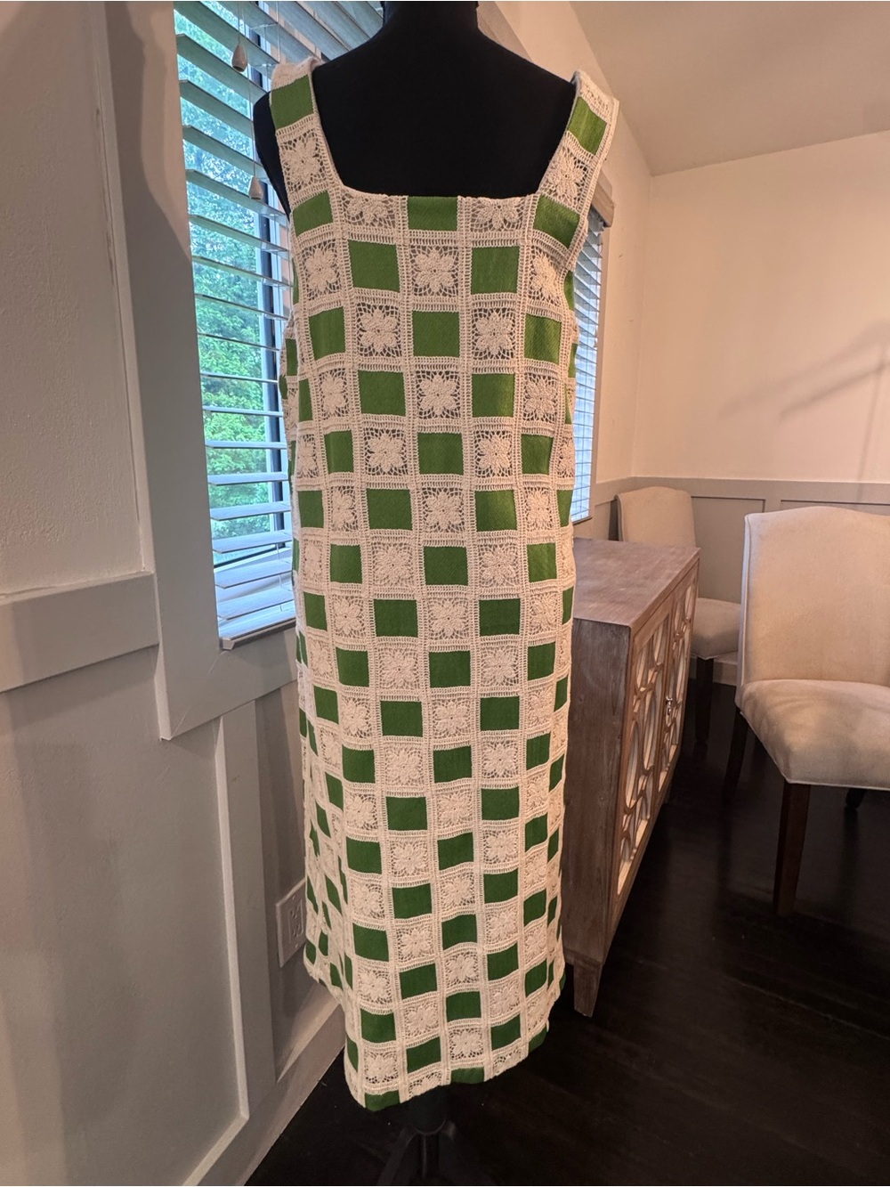 AUREUM Green and Cream Crochet Square Midi Dress